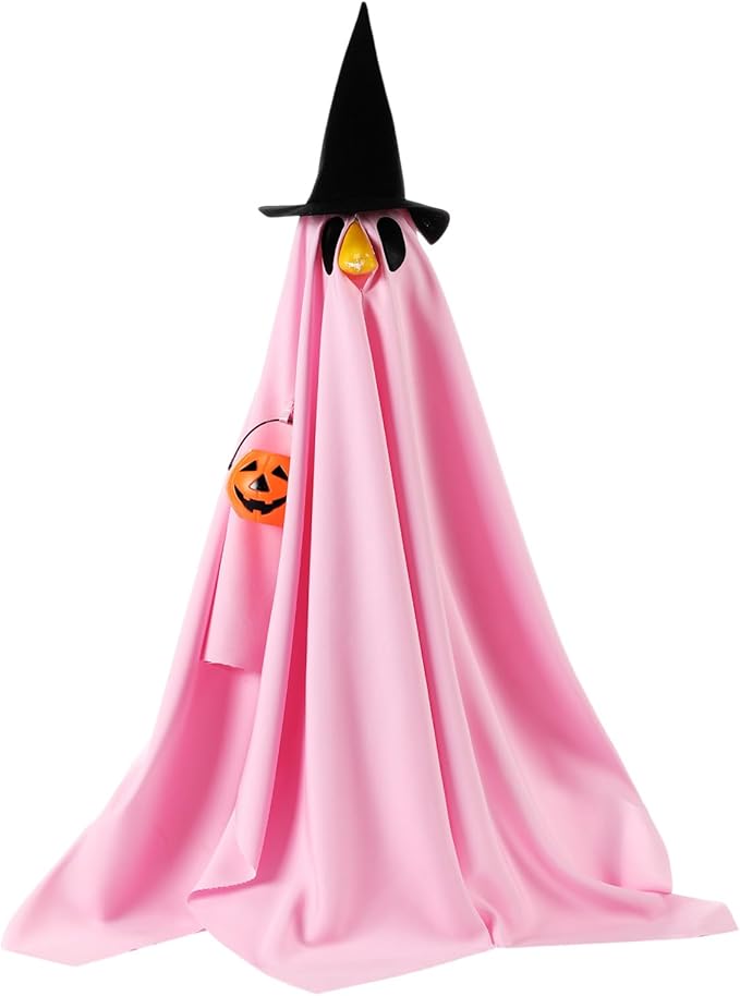 Halloween Porch Goose Outfit Ghost Lawn Goose Clothes with Pumpkin Bag for 23" Disco Plastic/Cement Outdoor Patio Yard Lawn Art Decoration(Pink,Matte)