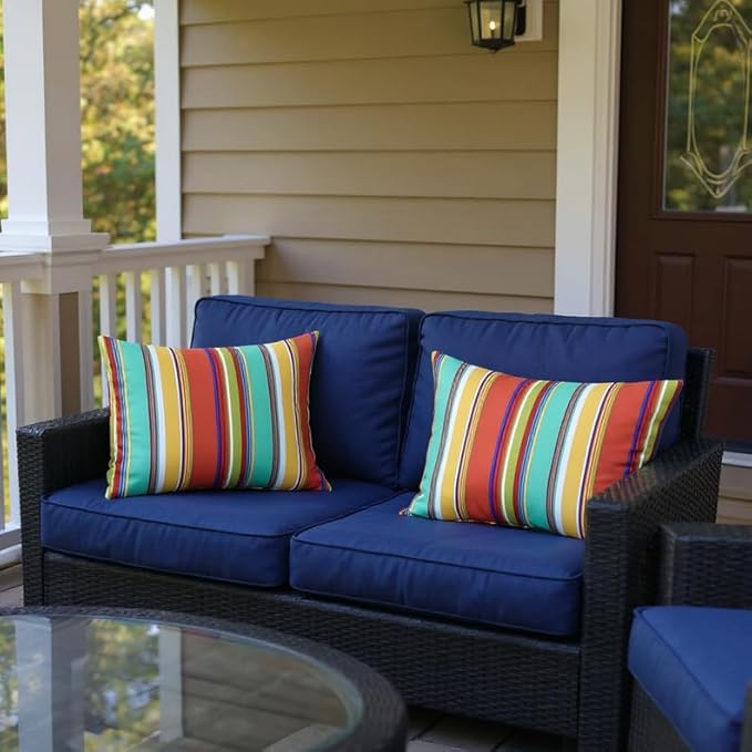RSH Decor Lumbar Throw Pillows Set of 4 – 20″ × 12″ Outdoor Lumbar Cushions in Bright Stripes – All-Weather Spun Fabric, Water & Fade-Resistant – Made in USA for Patio Furniture
