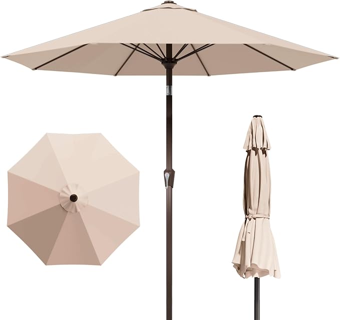 9FT Patio Umbrella with Fiberglass Ribs, Outdoor Market Table Umbrella with Crank and Tilt, UV Resistant Waterproof Canopy for Patio, Garden, Deck, Pool, Beige