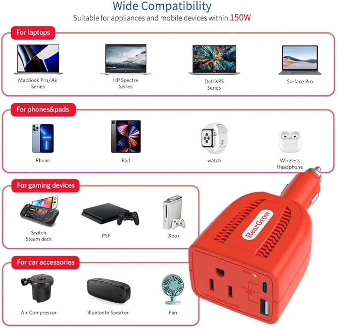 HearGrow100w Car Power Inverter, 12V DC to 110V AC Vehicles Converter with USB Ports，Plug Adapter Outlet and Fast Charging PD3.0 Type-C for Phones, Pads, Laptops and Computer Charger(red)