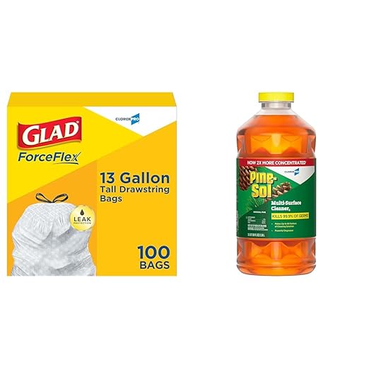 CloroxPro Glad ForceFlex 13 Gallon Tall Kitchen Drawstring Trash Bags, 100 Count and Pine-Sol Multi-Surface, All-Purpose Cleaner, 2x Concentrated Formula, Original Pine, 80 Fl Oz (Package May Vary)