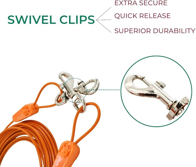 IntelliLeash 40FT Tie-Out Cables for Dogs - Strong, Safe, and Durable Dog Tie-Outs for Small Dogs up to 125 Pounds - Weather and Wear Resistant Galvanized Aircraft Cable for Outside Use