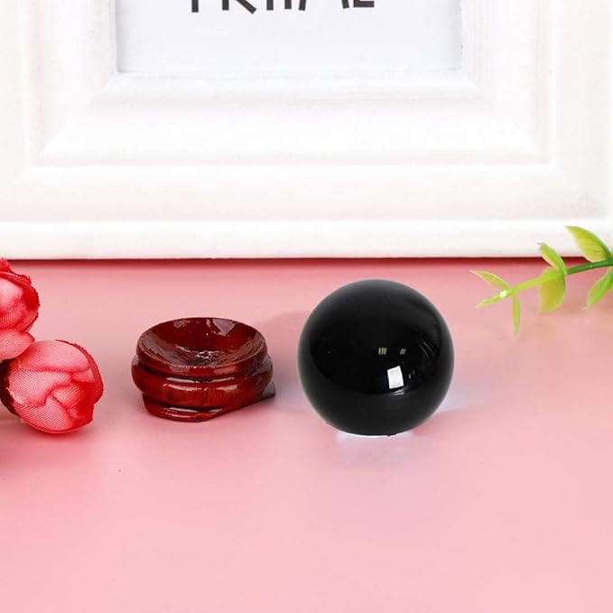 JIC Gem Small Black Obsidian Sphere Ball with Wooden Stand for Fengshui Healing Crystal Decoation Meditation Ball (2.2", 55mm)