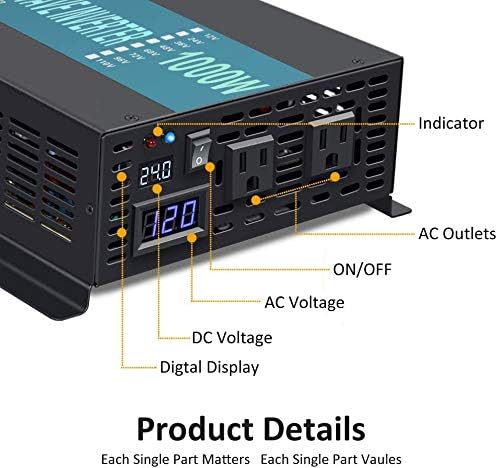 WZRELB 1000W 24V 120V Pure Sine Wave Power Inverter with 2 AC Outlets,Car Inverter