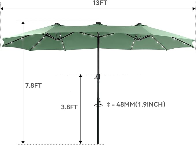 GREEN PARTY 15 ft Rectangle Patio Umbrella with Solar Lights and Base Included, Double-Sided Market Table Umbrella with Crank, Large Outdoor Umbrellas for Patio Poolside Garden Backyard, Mint Green