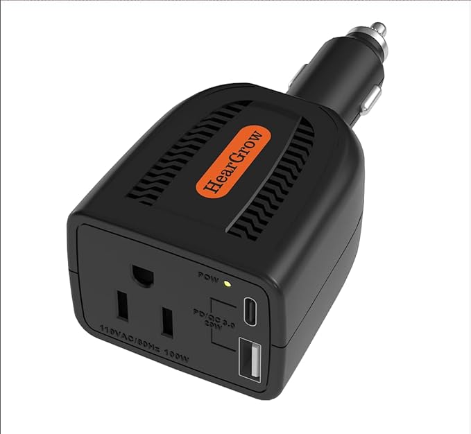 HearGrow100w Car Power Inverter, 12V DC to 110V AC Vehicles Converter with USB Ports，Plug Adapter Outlet and Fast Charging PD3.0 Type-C for Phones, Pads, Laptops and Computer Charger
