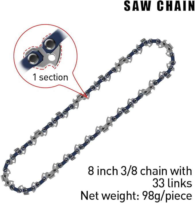 8-Inch Chainsaw Chain 4-Pack – 3/8" LP Pitch, .050" Gauge, 33 Drive Links, Semi-Chisel Replacement Chain for 8" Electric Mini Chainsaw and Pole Pruner