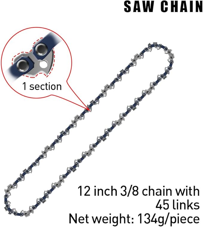 12-Inch Chainsaw Chain 4-Pack – 3/8" LP Pitch, .050" Gauge, 45 Drive Links, Semi-Chisel Replacement Chain for 12" Electric Mini Chainsaw and Pole Pruner
