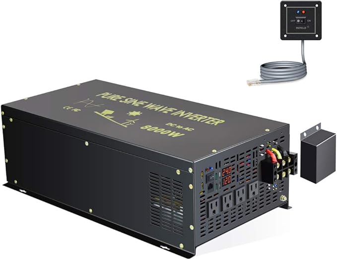 Reliable 8000W Continuous Power Heavy Duty Pure Sine Wave Power Inverter DC 24V to AC 120V with 4 AC Outlets Remote Control 66A Hardwire Terminal and LED Display for RV Car Solar System Emergency