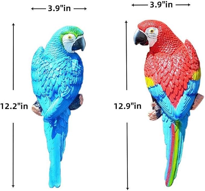 Teaeeno 2Pcs Resin Wall Bird Statue Decor,Real Parrot Sculpture Home Decor,Outdoor Indoor Figurine Ornaments-Garden Tree Sculpture,Resin Animal Statue for Garden, Terrace, Lawn, Yard