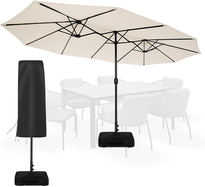 Sundale Outdoor Olefin 5-Year-Non-Fading 15 ft Patio Umbrella with Sand Bag Base and Cover, Large Outdoor Double-Sided Umbrella
