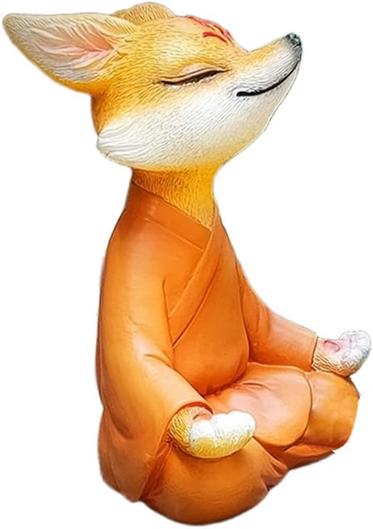 Meditating Buddha Fox Statue Resin Zen Animal Sculpture Yoga Figurine Indoor Outdoor Fengshui Decor for Patio Garden Yard Lawn Tabletop Planter Ponds Pot Bookshelf Ornaments Gifts Orange
