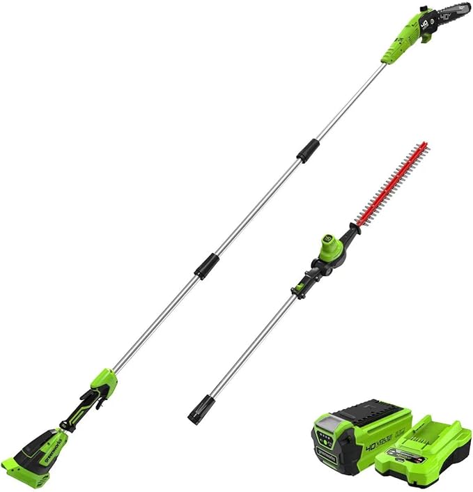 Greenworks 40V 10" Brushless Pole Saw + Pole Hedge Combo, 2.5Ah Battery and Charger Included