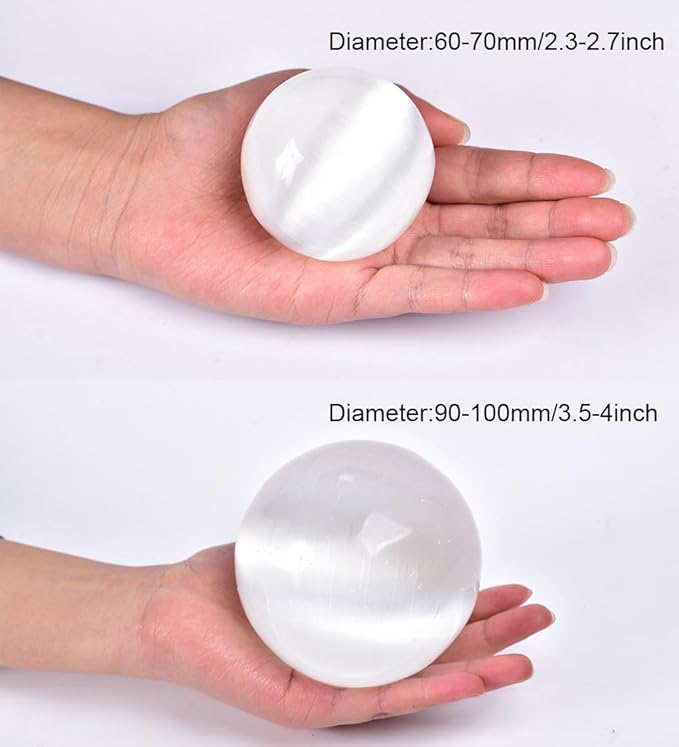 JIC Gem 3.5-4 Inch(90-100mm) Selenite Crystal Sphere with Wooden Stand Healing Crystal Ball for Meditation, Home Decoration