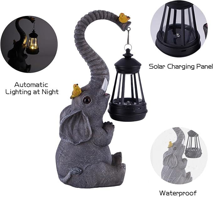 Elephant Garden Statues with Solar Lantern, Outdoor Figurine Resin Sculpture Hanging Solar Power Lights for Decoration Yard Patio Balcony Lawn Ornament Art Decor, Unique Gift for Grandma Wowen Mom