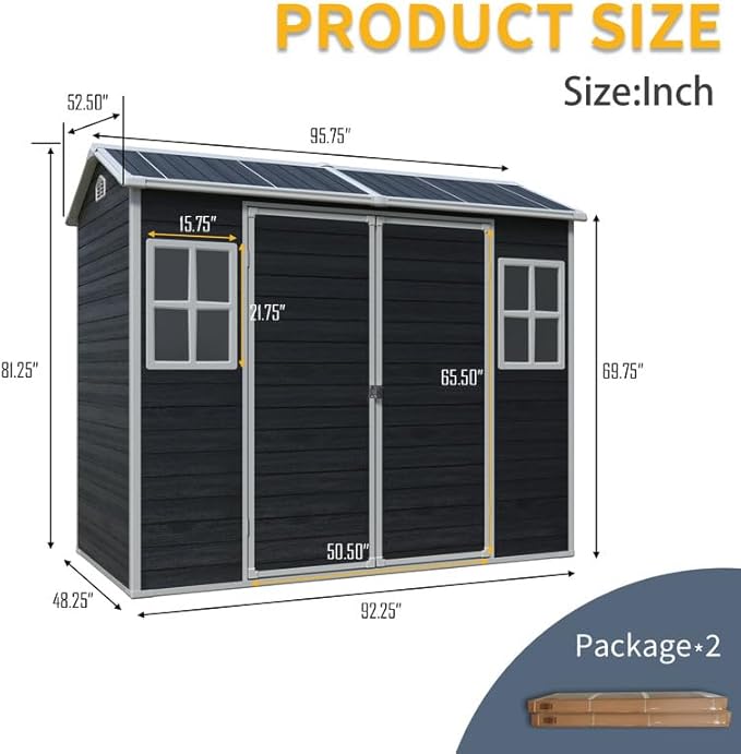 8x4 FT Resin Outdoor Storage Shed with Floor and 2 Windows, Outside Plastic Sheds Storage Clearance w/Lockable Door, Backyard Garden Tool House for Patio, Yard, Lawn, Bike, Black
