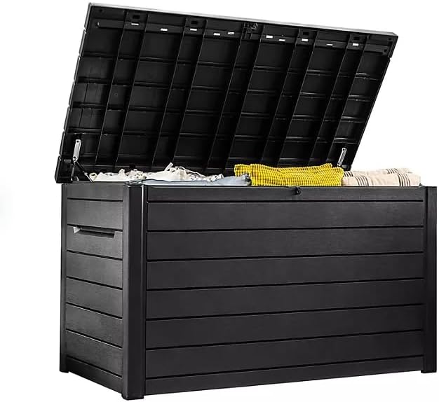 Stylish Indoor/Outdoor Storage Deck Box,Resin,Large Capacity, Weather-Resistant, Lockable lid and Side handles. (Black, 230 Gallon)