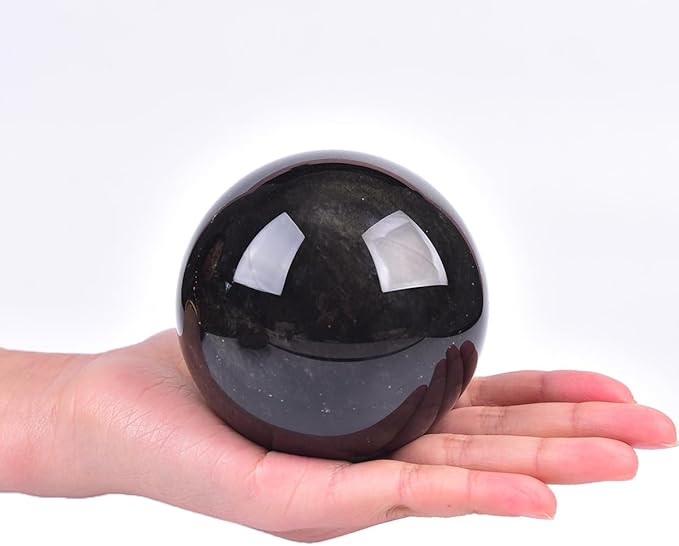 JIC Gem Large Golden Obsidian Crystal Sphere Quartz Crystal Ball with Stand Healing Ornament Witchcraft Meditation Home Decor 3.1-3.5 inch(80-90mm)