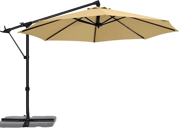 ABCCANOPY 10FT Cantilever Umbrella Offset Hanging Patio Umbrella with Base Stand Rotate and Tilt，Suitable for Garden, Lawn, Backyard(Khaki)