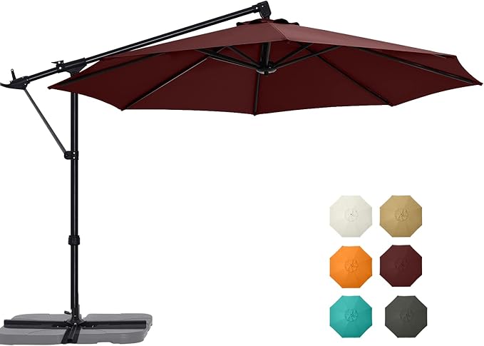 ABCCANOPY 10FT Cantilever Umbrella Offset Hanging Patio Umbrella with Base Stand Rotate and Tilt，Suitable for Garden, Lawn, Backyard(Burgundy)