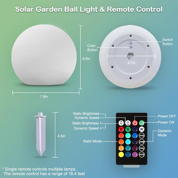 8-in Solar Glowing Globe Light, 16 Colors Changing Solar Garden Ball Lamp, Auto-On/Off Glow Orb Light W/Remote, Waterproof Landscape Lighting Globe W/Ground Stake for Yard Patio Lawn Outside Decor