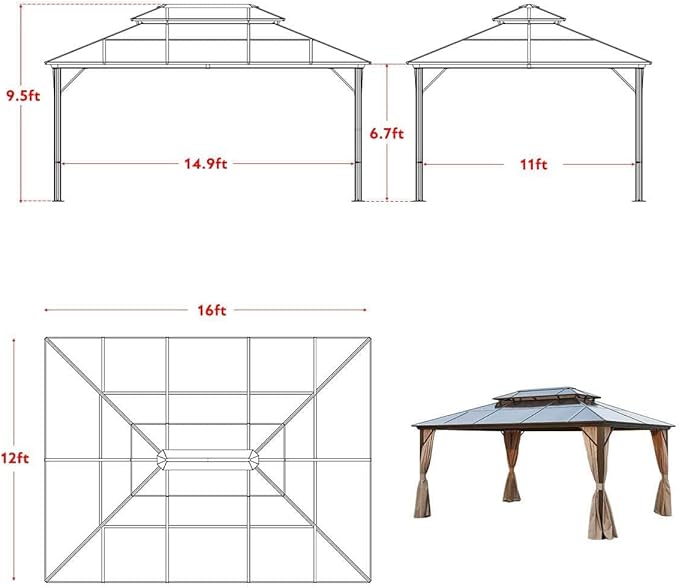 MELLCOM 12x16ft Outdoor Polycarbonate Double Hardtop Roof Gazebo, Aluminum Furniture Gazebo Canopy with Netting and Curtains for Garden, Patio, Lawns, Party and Deck