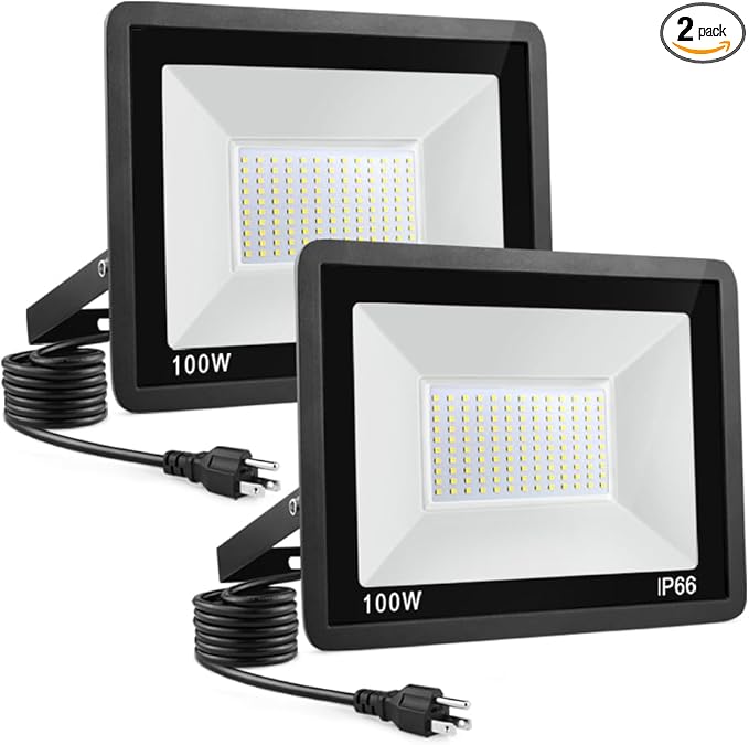 100W LED Flood Light Outdoor, 2Pack 10000LM Super Bright, IP66 Waterproof Outside Work Lights, 6000K Daylight White Security Lights, Plug in Flood Light for Yard Garage Garden Patio