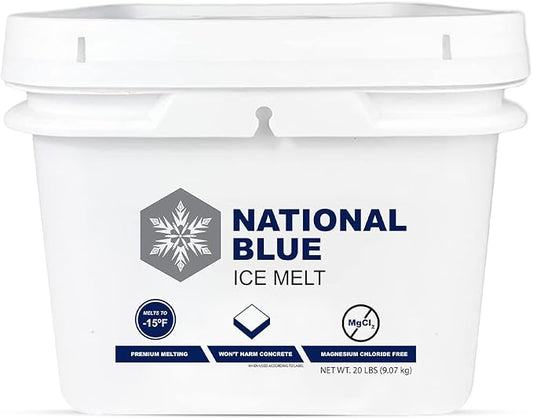 National Blue Snow Salt Ice Melt 20lb Bucket - Fast Acting Ice Melter - Pet, Plant and Concrete Friendly, Environmentally Safe - Free of Magnesium Chloride - Melts to -15°F