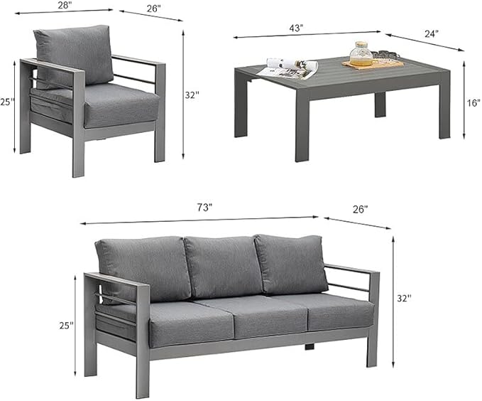 Solaste Aluminum Patio Furniture Set, 5 Seats Modern Outdoor Conversation Set Sectional Sofa with Upgrade Cushion and Coffee Table,Grey