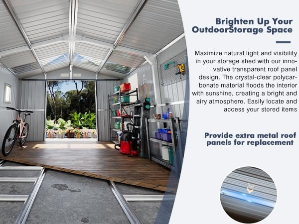10x12 Metal Shed with Floor Frame Kit, Reinforced Construction - Translucent Roof Panels for Natural Light, Lockable Doors, Vents and Windows, Weatherproof Outdoor Storage for Garden/Backyard/Patio