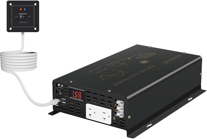 WZRELB Pure Sine Wave Power Inverter 5000W 12VDC to 120VAC 10KW Peak Dual AC Outlets 2× 2.4A USB Port &Hardwire Terminal with 16ft Remote Conrtol Off-Grid Solar Converter RV Trucks (VC500012U5WD-1)