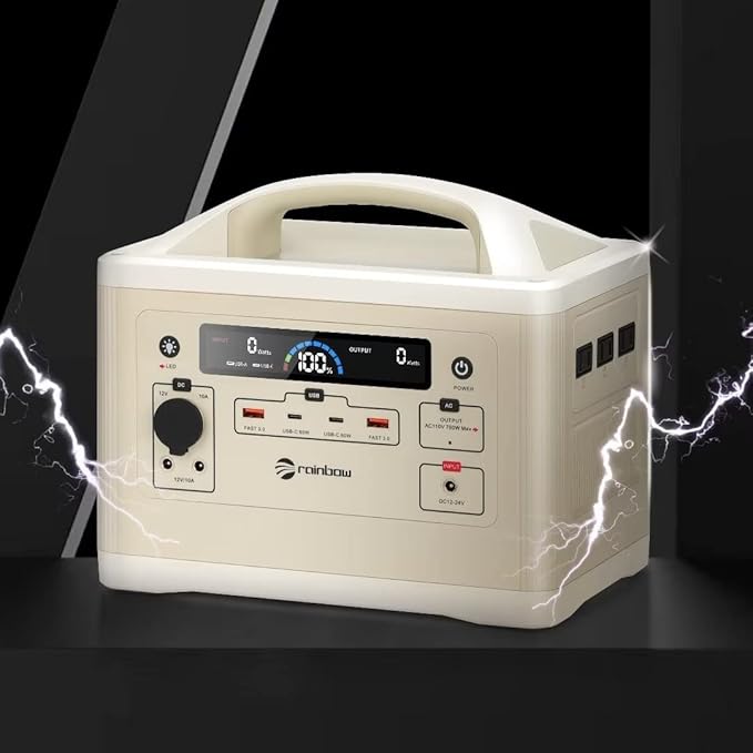 RAINBOW Portable Power Station 700W, 537Wh Backup LiFePO4 Battery, 3 x 110V/700W(Peak 1400W) AC Outlets, Solar Generator for Outdoor Camping, Quick Charge for Home, Hiking