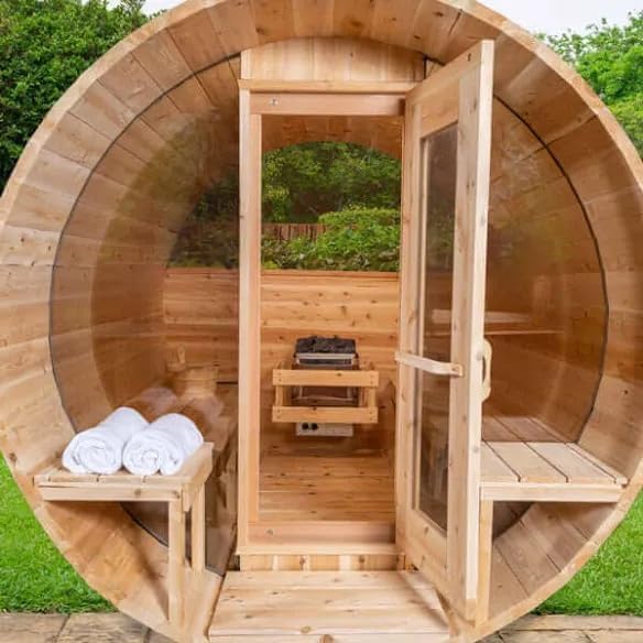 Smartmak Customized Outdoor Wood Barrel Steam Sauna, 2-10 Person Home Traditional Canadian Wooden Spa Room, with DIY Heating Stove, Rocks, Water Bucket, Spoon, Light, for Backyard, Garden, 195 ℉