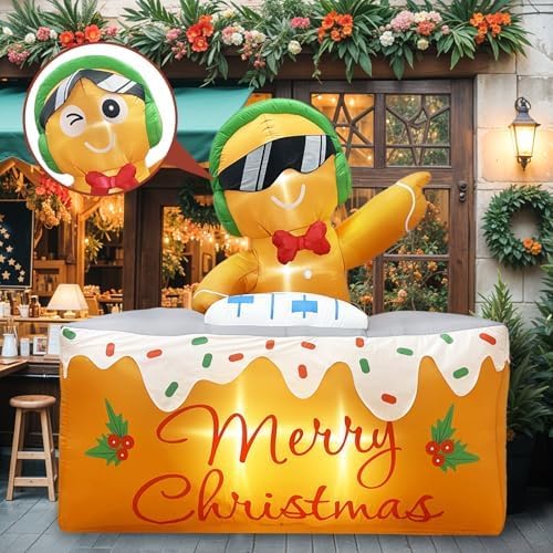 OurWarm 6FT Christmas Inflatable Outdoor Decoration, DJ Gingerbread Inflatable Christmas Decorations with LED Lights, Xmas Blow Ups for Outdoor Indoor Lawn Garden Yard