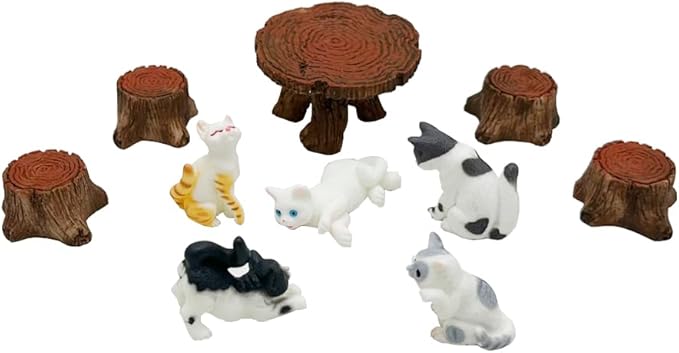 Smoothedo-Pets Small Polyresin Miniature Garden Figurines Accessories/Supplies/Fairy Garden Animals for Fairy Garden/Bonsai Craft Decor (Cat/Table Set)