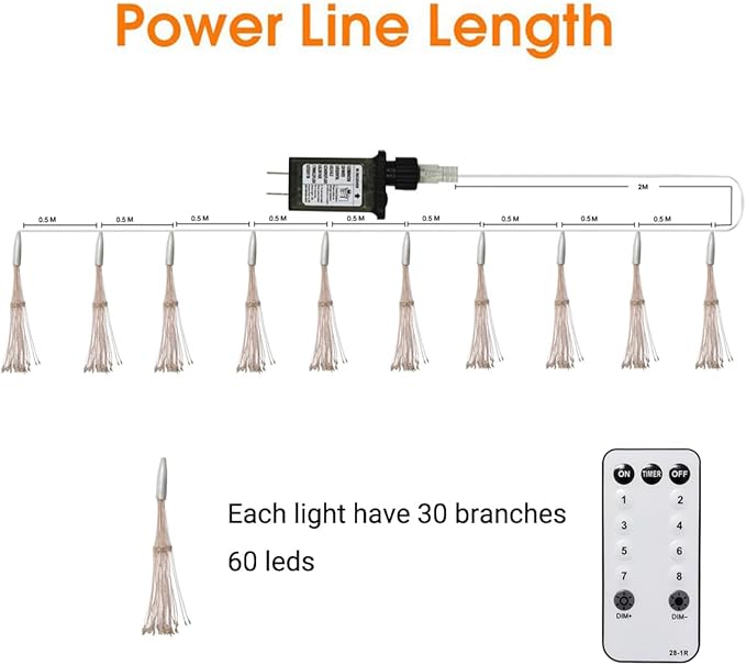 Remote Firework LED Copper Wire Starburst Lights - 10 Connection 600 LED Fairy Twinkle String Lights - 8 Modes With Remote Control, Dimming, Timer (Warm White)