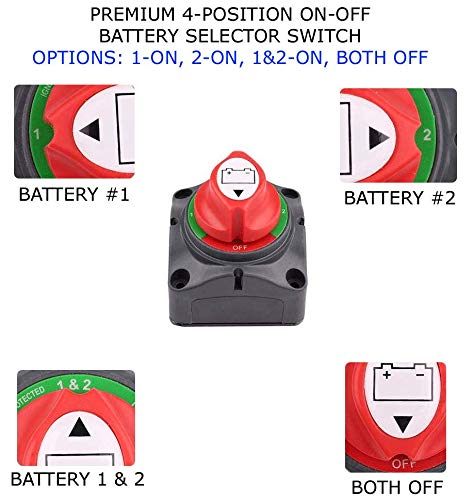 Marine Battery Disconnect Switch - Premium On-Off Position Master Cut Off - 6V 12V 24V 48V - Battery for Boat, ATV, RV, UTV, Heavy Duty Waterproof Isolator Switch, 275/1250 Amps (1-2-1&2-Off)