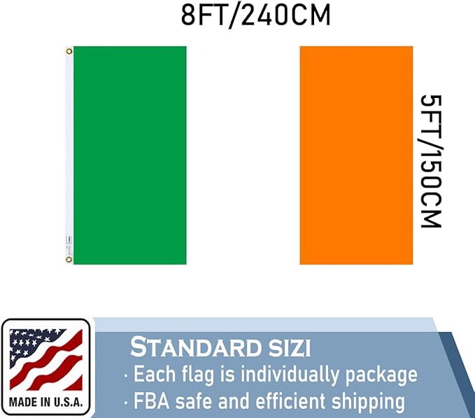 Ireland Flag 5x8 FT 100% Made in The USA-Heavy Duty Vibrant Colours Double Sided Irish National Flag with 3 Brass Grommets for Home/Company/Indoor Outdoor Decoration