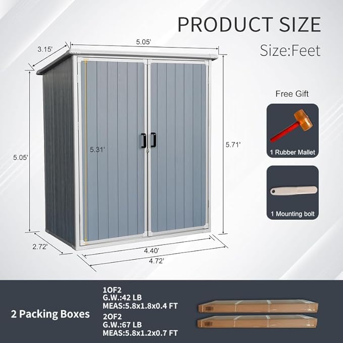 5x3 FT Resin Outdoor Storage Shed with Floor, Waterproof Resin Cabinet with Lockable Door, Outside Plastic Tool Garden Sheds for Backyard Lawn Patio Furniture, Bikes, Accessories, Gray