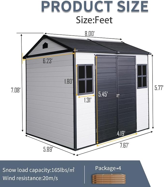 8x6 FT Resin Outdoor Storage Shed with Floor and 2 Windows, Outside Plastic Sheds Storage Clearance w/Lockable Door, Backyard Garden Tool House for Patio, Yard, Lawn, Bike, Grey White