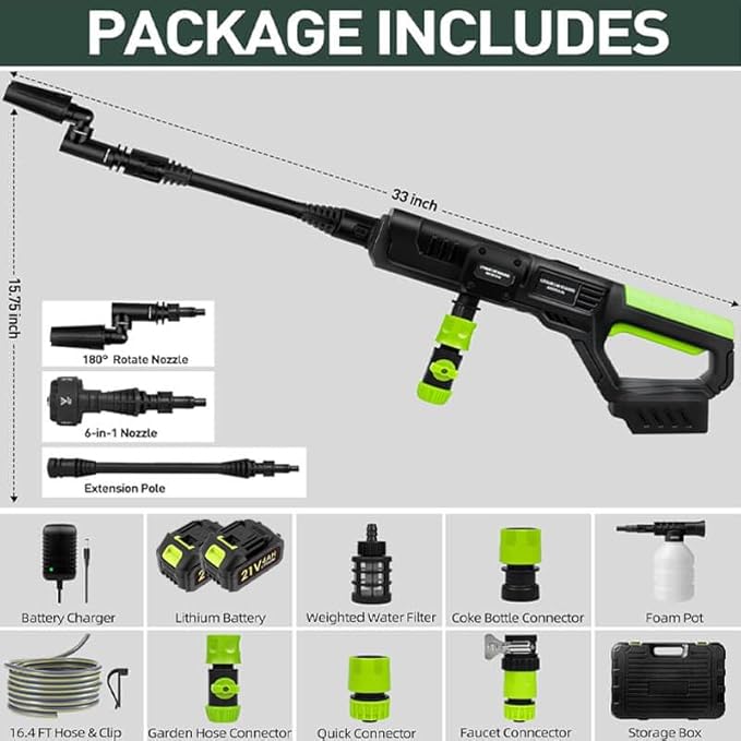 1200PSI Cordless Electric Pressure Washer Pro (21V 2000mAh 2 Batteries), 16.4FT Drain Hose, 6-in-1 Nozzle, Pressure Washer Gun for Cars Fences Driveways Patios Home Cleaning