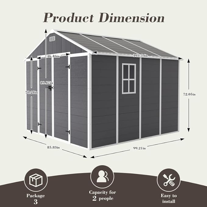 8x8 FT Resin Outdoor Storage Shed with Floor and Window, Outside Waterproof Plastic Garden Sheds w/Lockable Door & Vents, All-Weather Tool House for Patio, Backyard, Lawn, Dark Gray