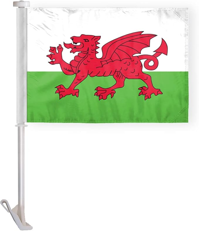 AGAS Wales Car Flag Premium 10.5x15 inch Printed Double Sided on Super Knit Polyester Fabric Double Stitched 19 Inch White Plastic Unbreakable Stiff Pole High Visibility Welsh National Car Flag