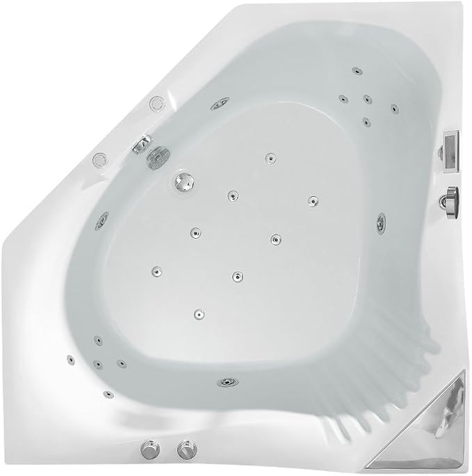 ARIEL 59" Triangular Platinum Whirlpool Bathtub with 22 Hydro Jets, Two-Person Jetted Hot Tub with Customizable Massage, Waterfall, Hot/Cold Inlets & Smart Features