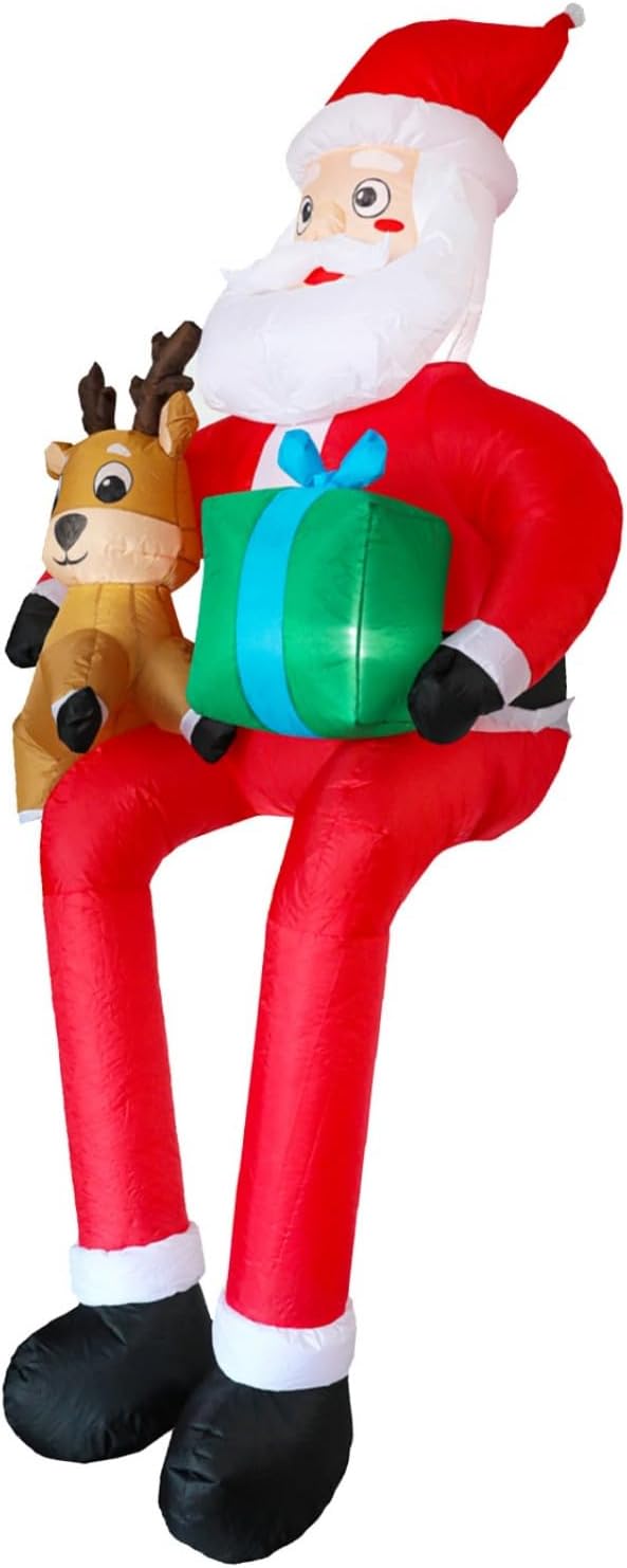 9.5Ft Christmas Inflatables Outdoor Decoration, Giant Sitting Santa Claus & Reindeer with Gift Box Christmas Inflatable with LED Light Blow Up Yard Decorations for Xmas Roof Eaves Lawn