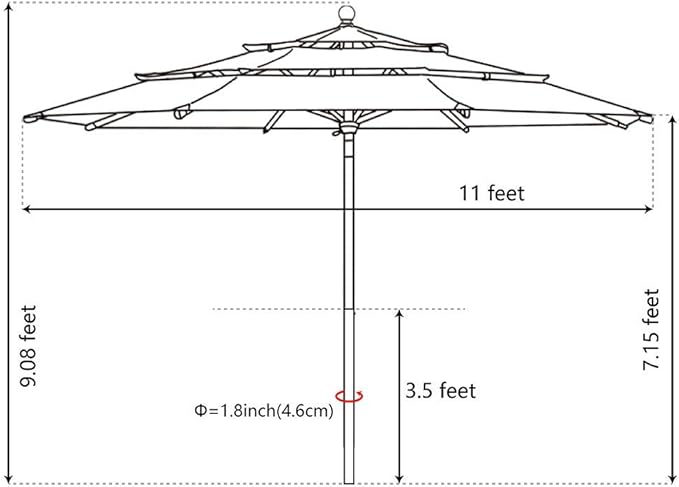 EliteShade USA 10-Year-Non-Fading 11Ft 3 Tiers Market Umbrella Patio Outdoor Cylinder Auto Push-up Table Umbrella with Ventilation, Black