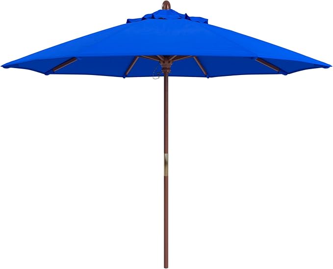 California Umbrella 9' Premium Commercial Hardwood Patio Umbrella, Manual Lift With Sunbrella Pacific Blue Fabric