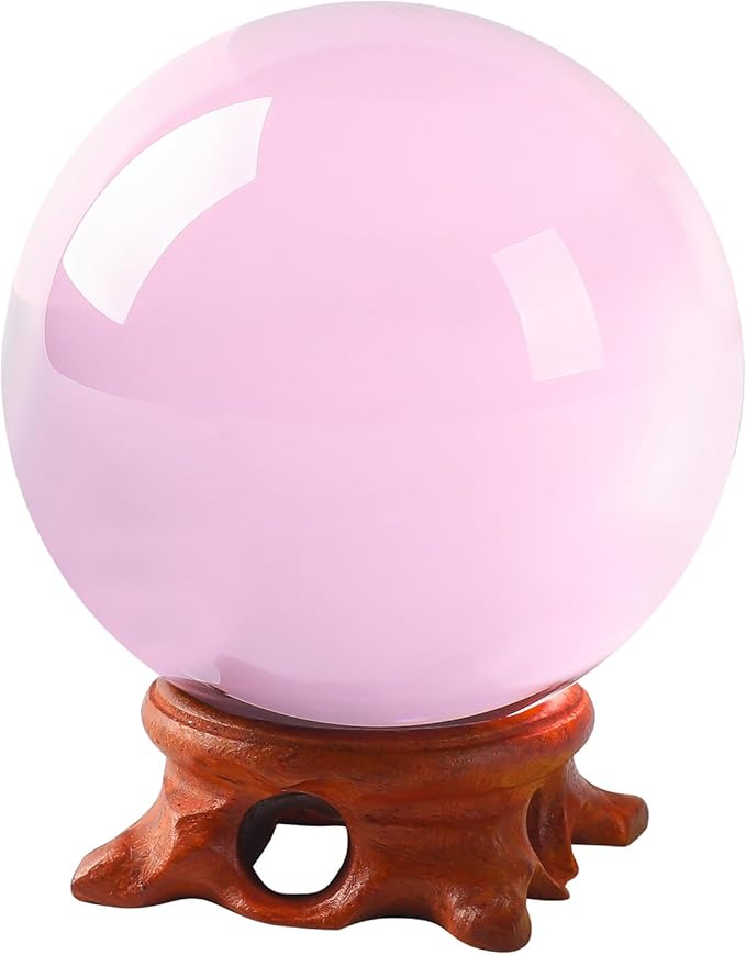 Pink Small Crystal Ball 60mm/2.3 inch with Rose Wooden Stand and Gift Box for lensball Photography,Fortune Teller,Feng Shui, Witchcraft Decor,Scrying,Magic,Crystal Orb Prop Decorative Glass Sphere