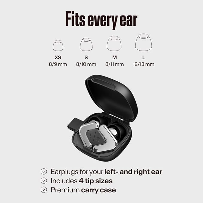 Alpine Tune Earplugs, Concert Ear Plugs for Noise Reduction, High Fidelity Music Quality, 19dB Hearing Protection with Crystal Clear Sound, Incl. 4 Sizes, For Parties, Raves, Festivals & Clubs, Silver