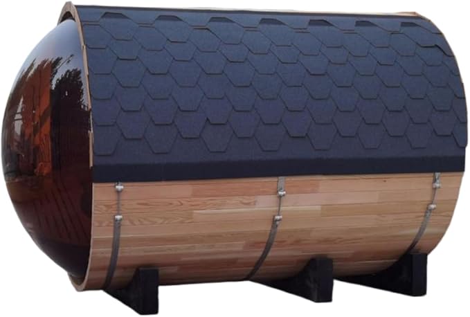 ZONEMEL Outdoor Barrel Steam Sauna with Panoramic View, Canadian Red Cedar Wood Sauna for 3-4 Person with Porch, 6KW Heater, Rocks, 8mm Tempered Glass, Waterproof System
